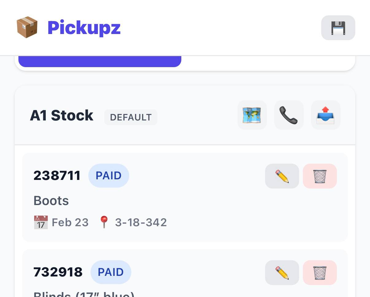 Pickupz PWA screenshot showing warehouse pickup tracking